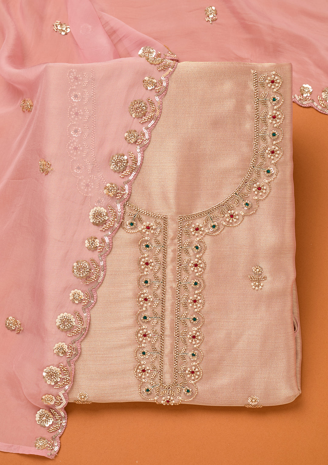 Baby Pink Tissue Cutdana Unstitched Dress Material With Matching Bottom And Dupatta