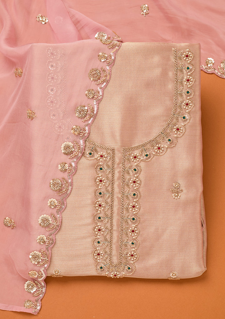Baby Pink Tissue Cutdana Unstitched Dress Material With Matching Bottom And Dupatta
