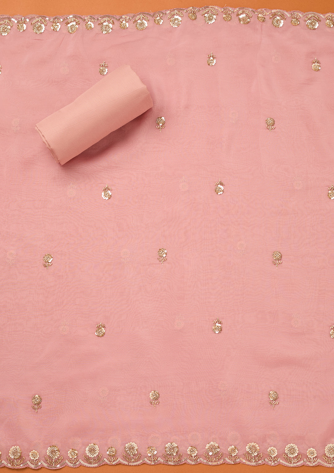 Baby Pink Tissue Cutdana Unstitched Dress Material With Matching Bottom And Dupatta