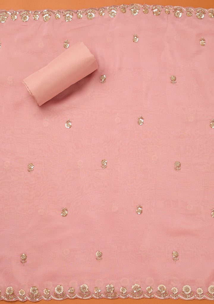 Baby Pink Tissue Cutdana Unstitched Dress Material With Matching Bottom And Dupatta
