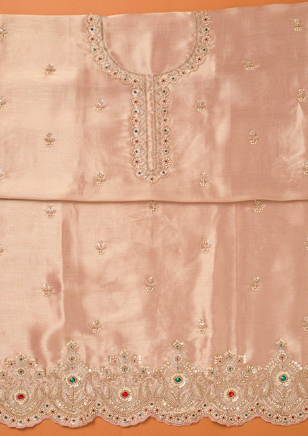Baby Pink Tissue Cutdana Unstitched Dress Material With Matching Bottom And Dupatta