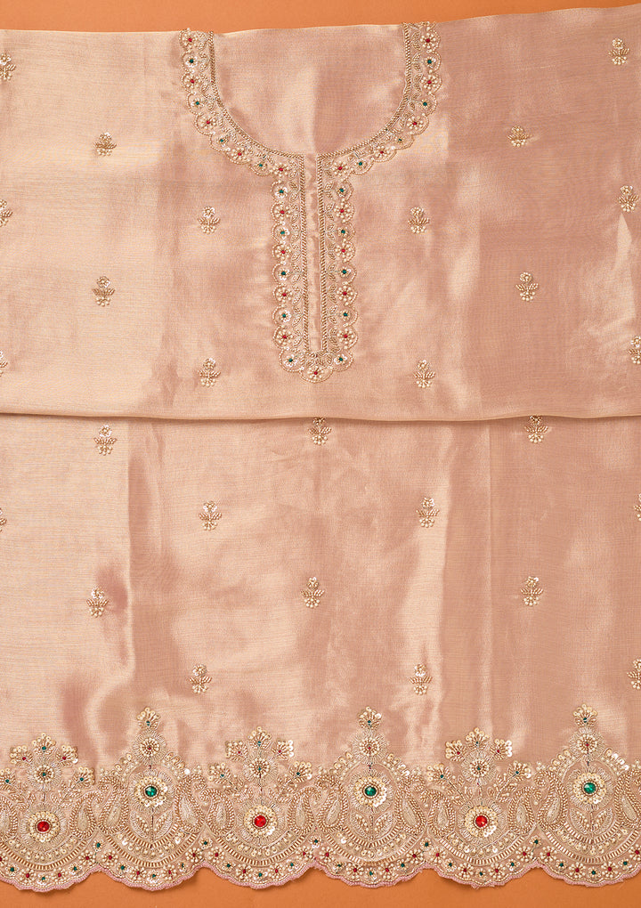 Baby Pink Tissue Cutdana Unstitched Dress Material With Matching Bottom And Dupatta