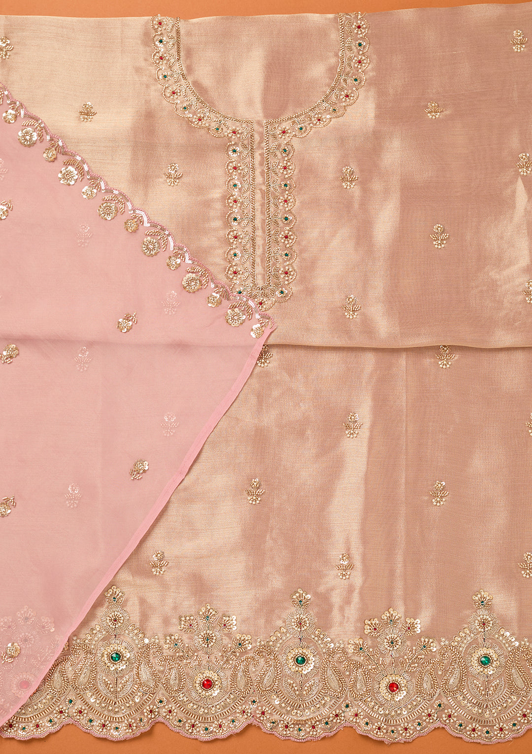 Baby Pink Tissue Cutdana Unstitched Dress Material With Matching Bottom And Dupatta