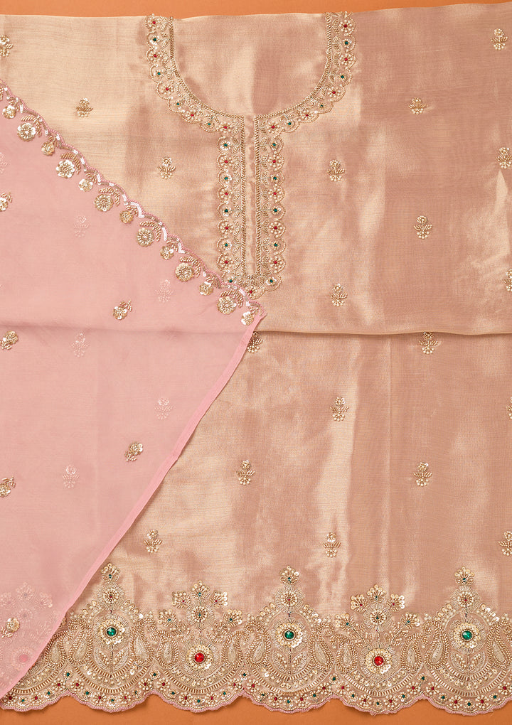 Baby Pink Tissue Cutdana Unstitched Dress Material With Matching Bottom And Dupatta