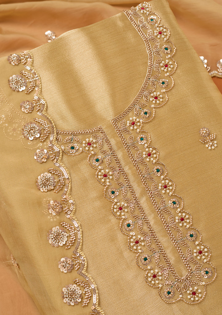 Beige Tissue Cutdana Unstitched Dress Material With Matching Bottom And Dupatta