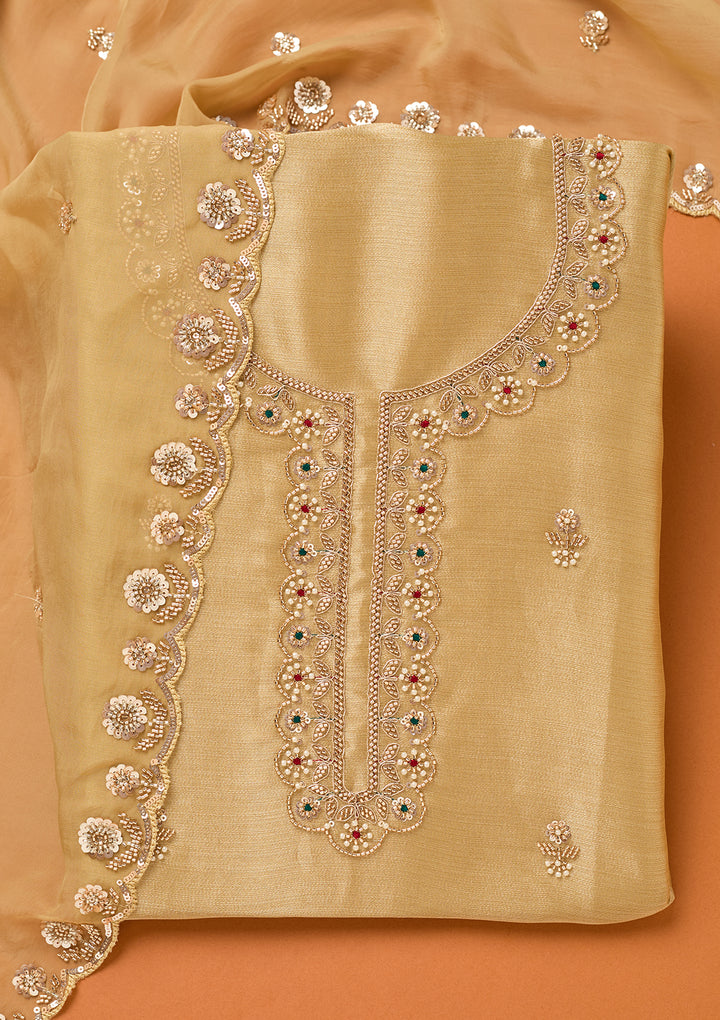 Beige Tissue Cutdana Unstitched Dress Material With Matching Bottom And Dupatta