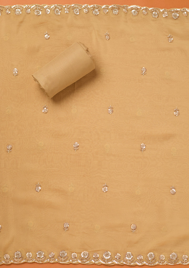 Beige Tissue Cutdana Unstitched Dress Material With Matching Bottom And Dupatta