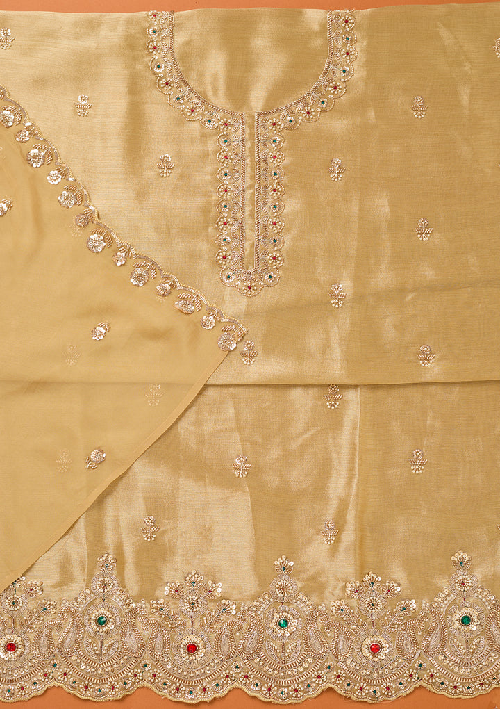 Beige Tissue Cutdana Unstitched Dress Material With Matching Bottom And Dupatta