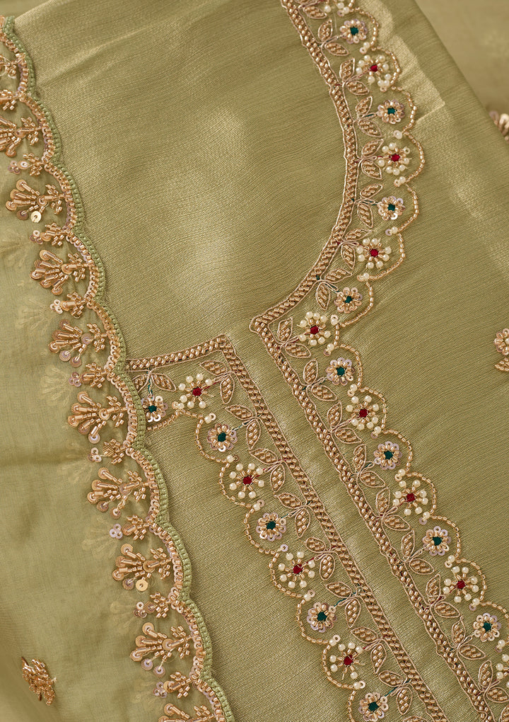 Pista Green Zariwork (Gold) Tissue Unstitched Salwar Suit