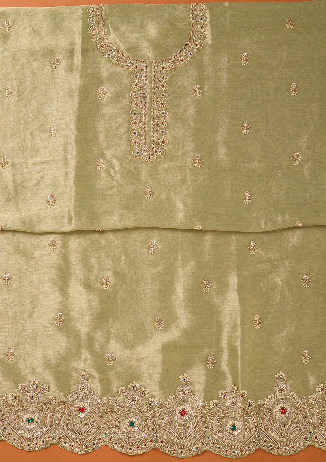 Pista Green Zariwork (Gold) Tissue Unstitched Salwar Suit