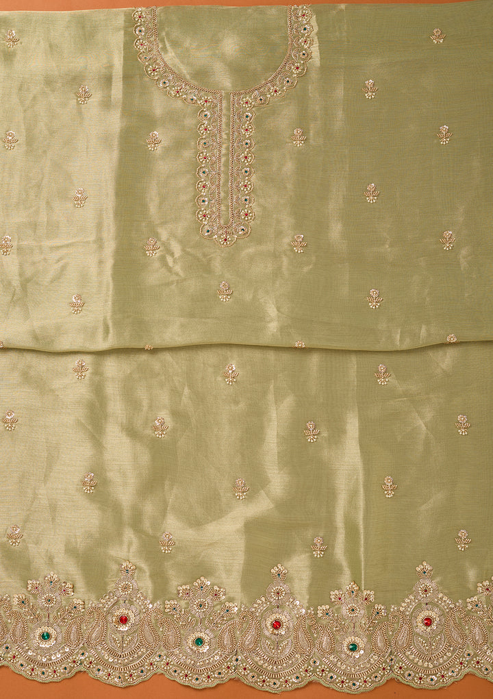Pista Green Zariwork (Gold) Tissue Unstitched Salwar Suit