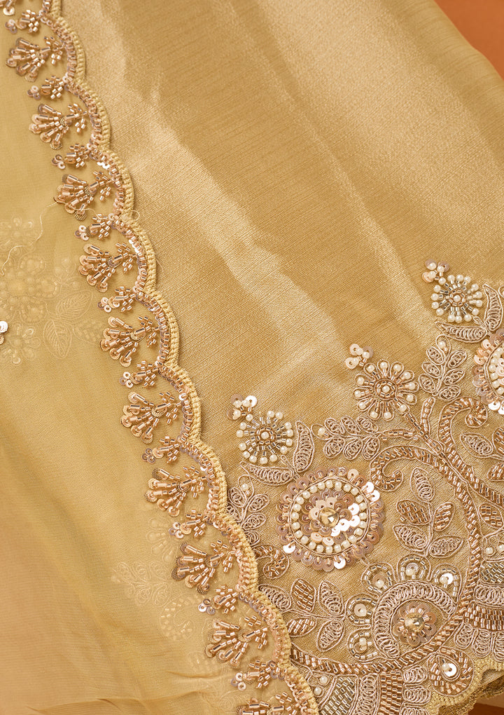 Beige Tissue Cutdana Unstitched Dress Material With Matching Bottom And Dupatta