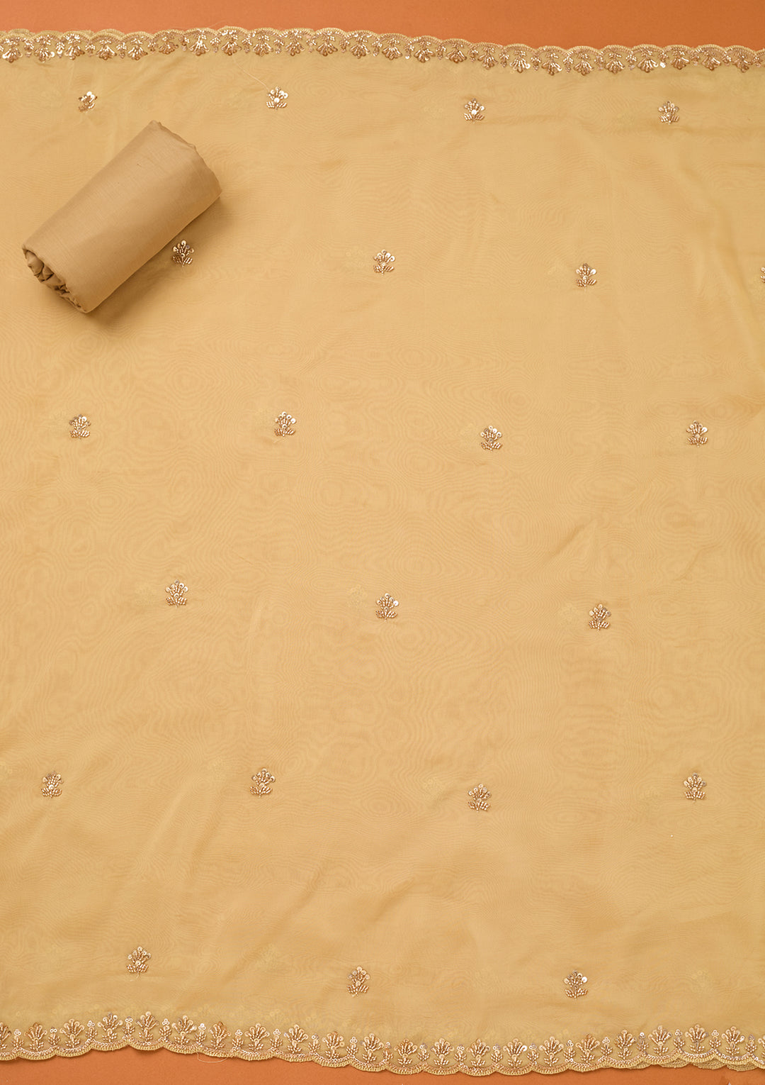 Beige Tissue Cutdana Unstitched Dress Material With Matching Bottom And Dupatta