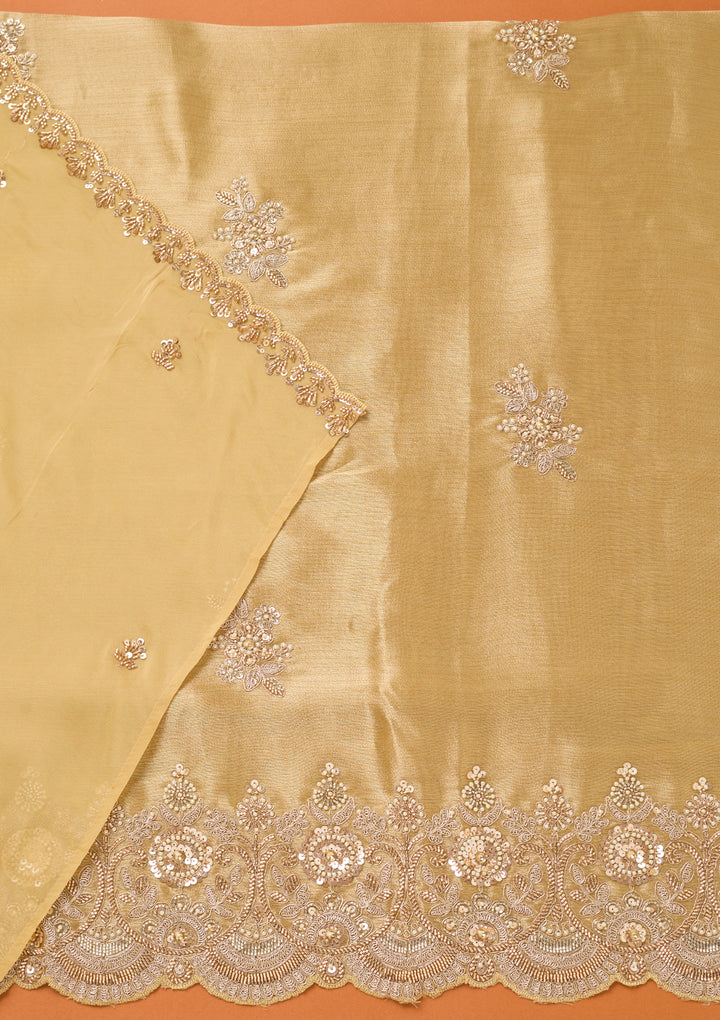 Beige Tissue Cutdana Unstitched Dress Material With Matching Bottom And Dupatta