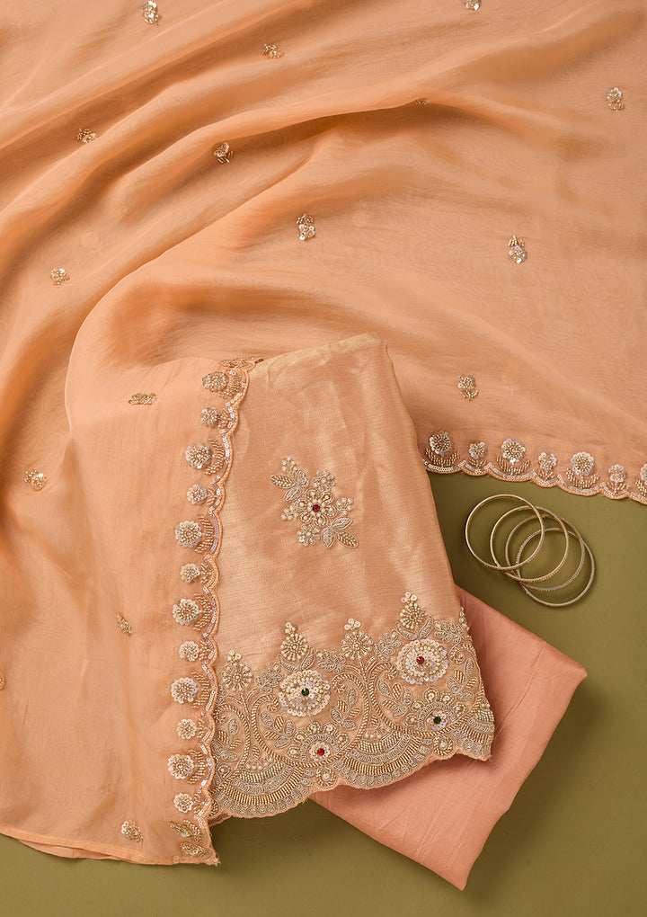 Peach Tissue Cutdana Unstitched Dress Material With Matching Bottom And Dupatta