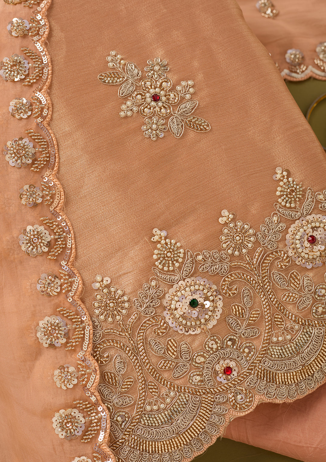 Peach Tissue Cutdana Unstitched Dress Material With Matching Bottom And Dupatta