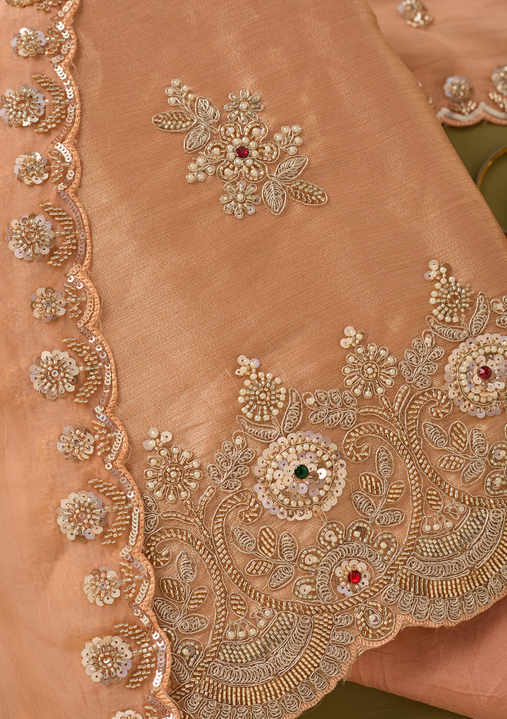 Peach Tissue Cutdana Unstitched Dress Material With Matching Bottom And Dupatta