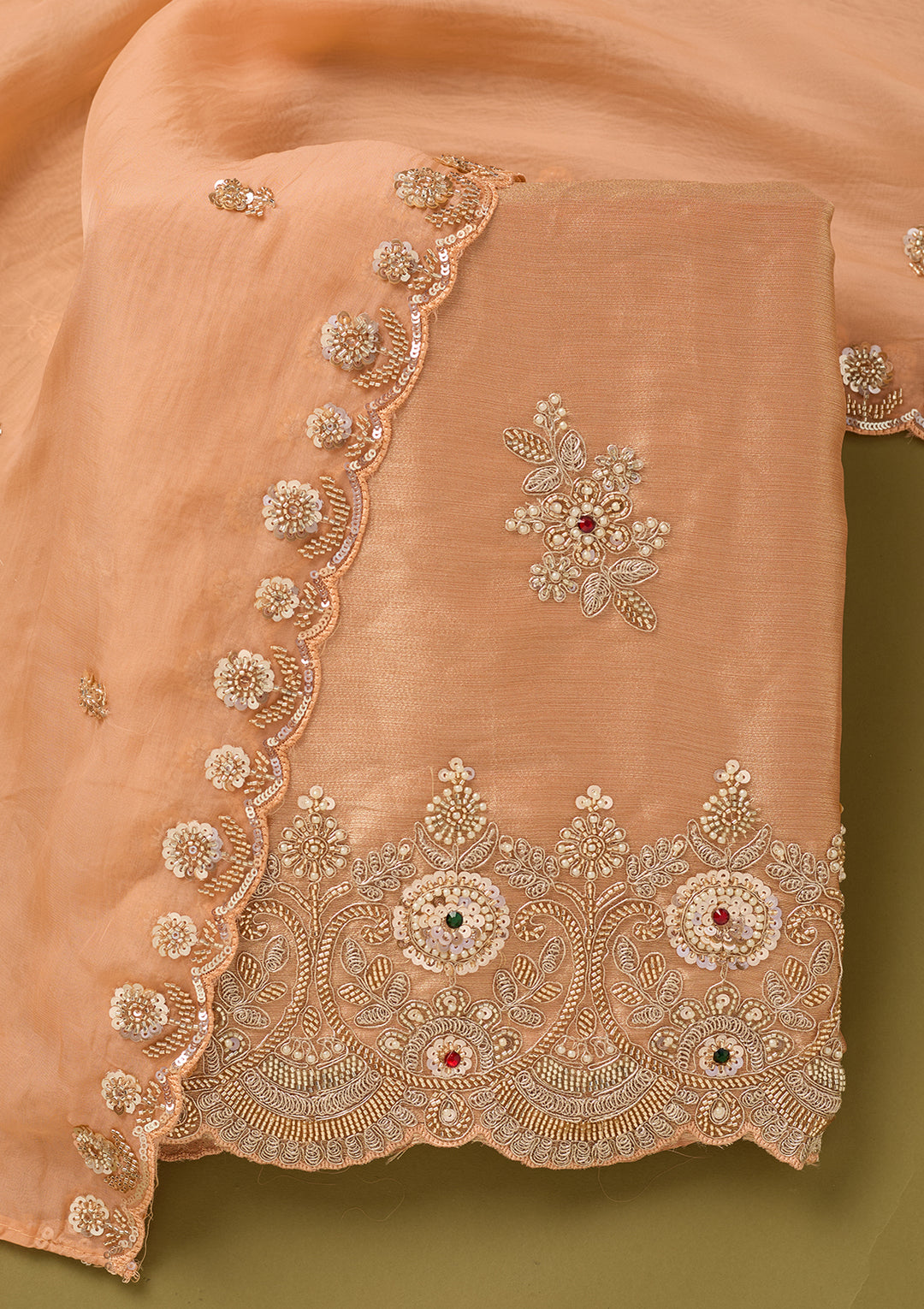 Peach Tissue Cutdana Unstitched Dress Material With Matching Bottom And Dupatta