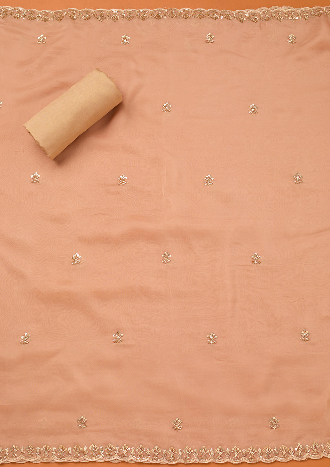 Peach Tissue Cutdana Unstitched Dress Material With Matching Bottom And Dupatta