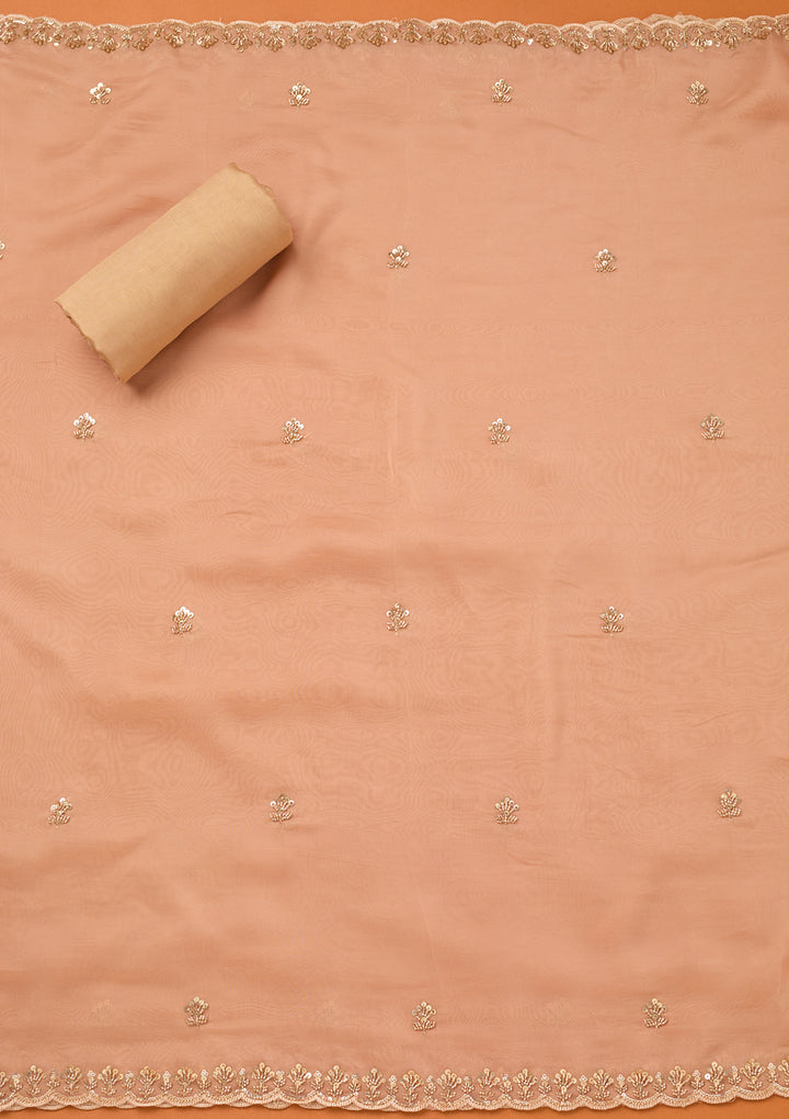 Peach Tissue Cutdana Unstitched Dress Material With Matching Bottom And Dupatta
