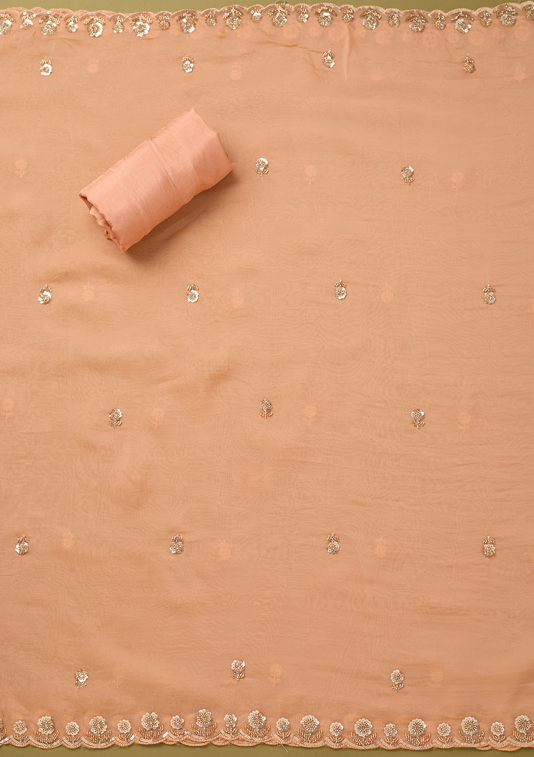 Peach Tissue Cutdana Unstitched Dress Material With Matching Bottom And Dupatta