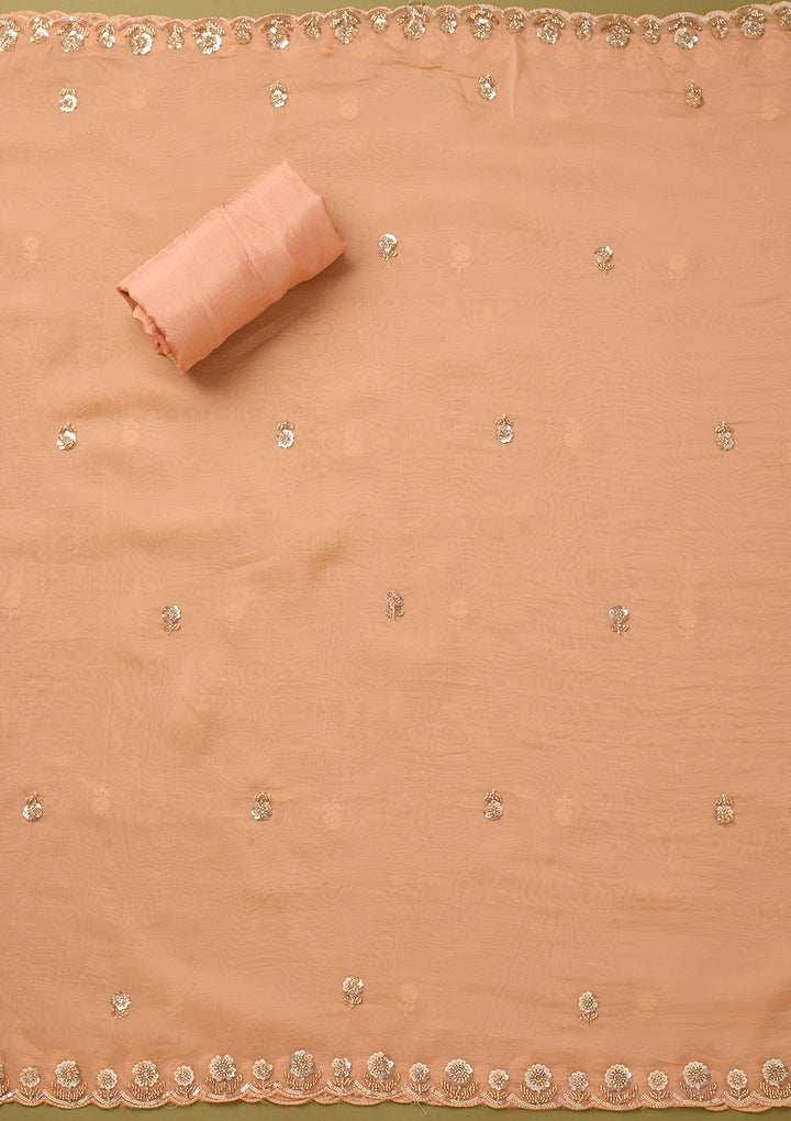 Peach Tissue Cutdana Unstitched Dress Material With Matching Bottom And Dupatta