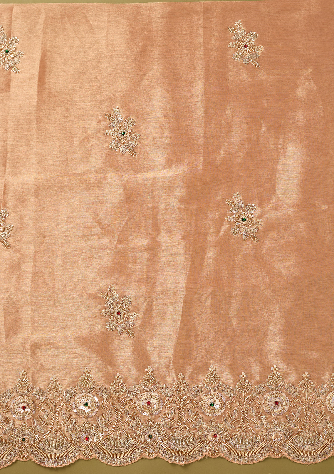 Peach Tissue Cutdana Unstitched Dress Material With Matching Bottom And Dupatta