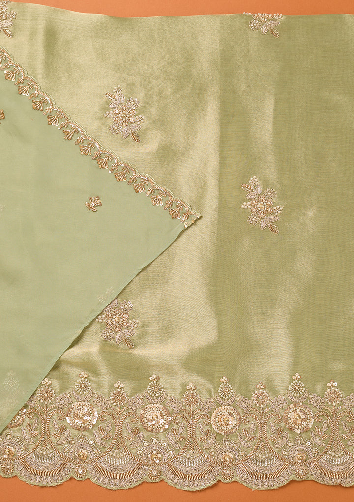 Sea Green Tissue Cutdana Unstitched Dress Material With Matching Bottom And Dupatta