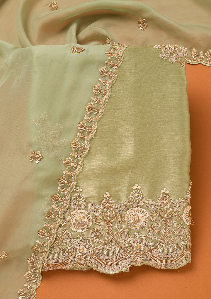 Sea Green Tissue Cutdana Unstitched Dress Material With Matching Bottom And Dupatta