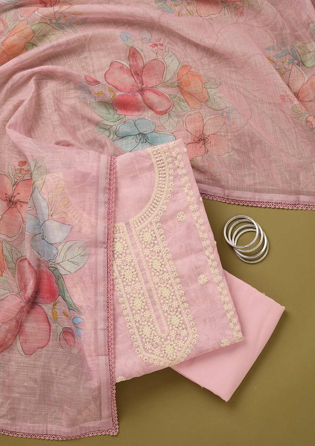 Baby Pink Threadwork Cotton Unstitched Salwar Suit