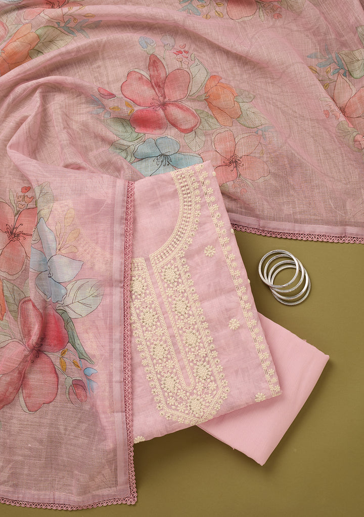 Baby Pink Threadwork Cotton Unstitched Salwar Suit