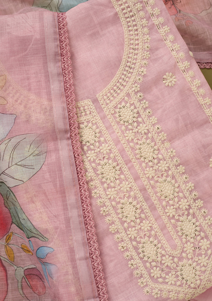 Baby Pink Threadwork Cotton Unstitched Salwar Suit