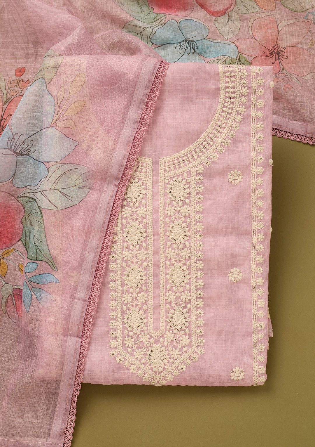 Baby Pink Threadwork Cotton Unstitched Salwar Suit