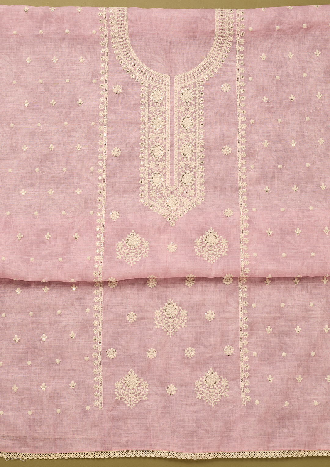Baby Pink Threadwork Cotton Unstitched Salwar Suit