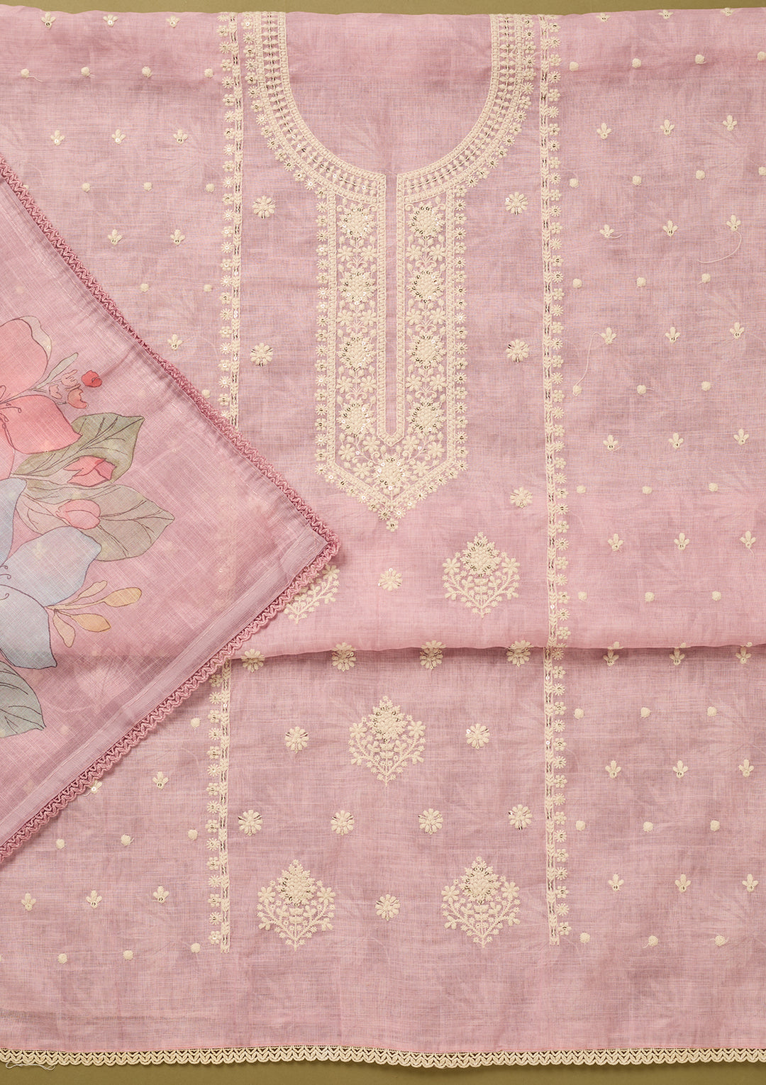 Baby Pink Threadwork Cotton Unstitched Salwar Suit