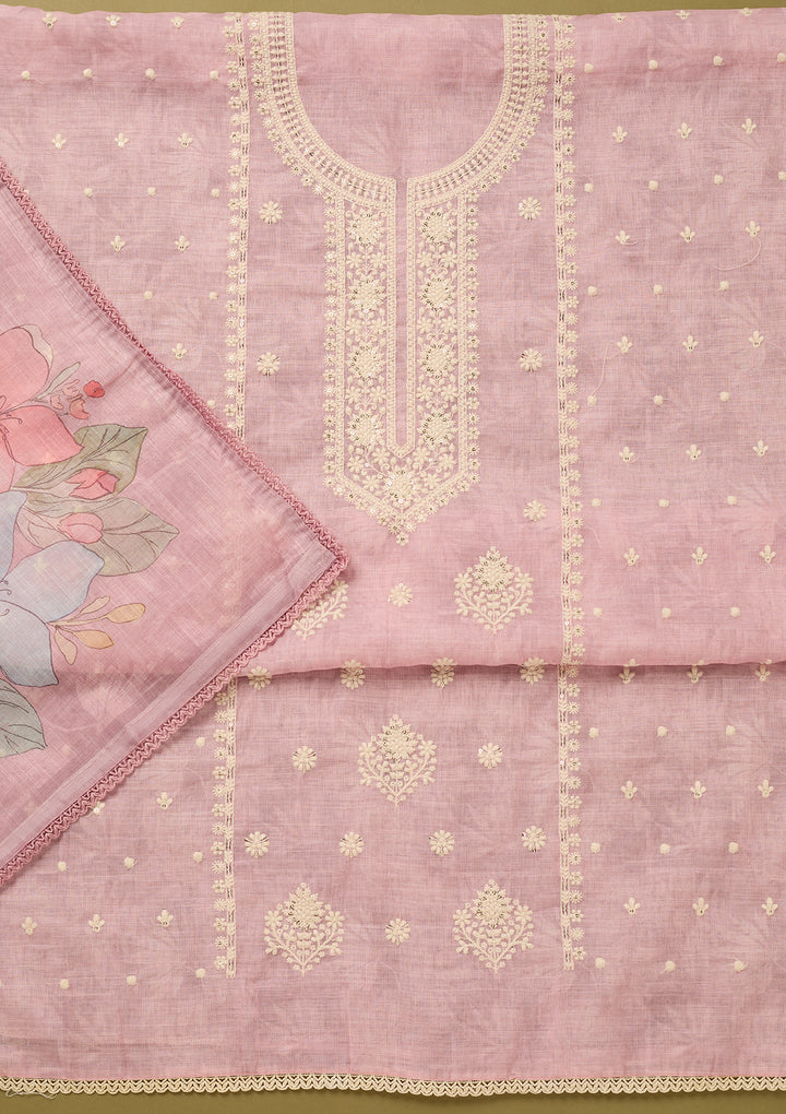 Baby Pink Threadwork Cotton Unstitched Salwar Suit
