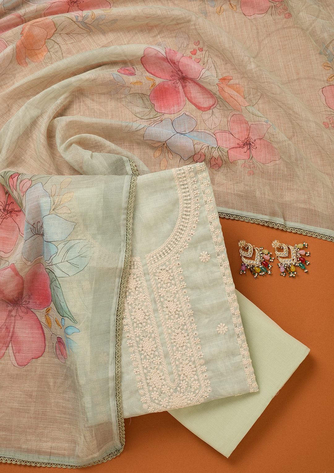 Sea Green Threadwork Cotton Unstitched Salwar Suit