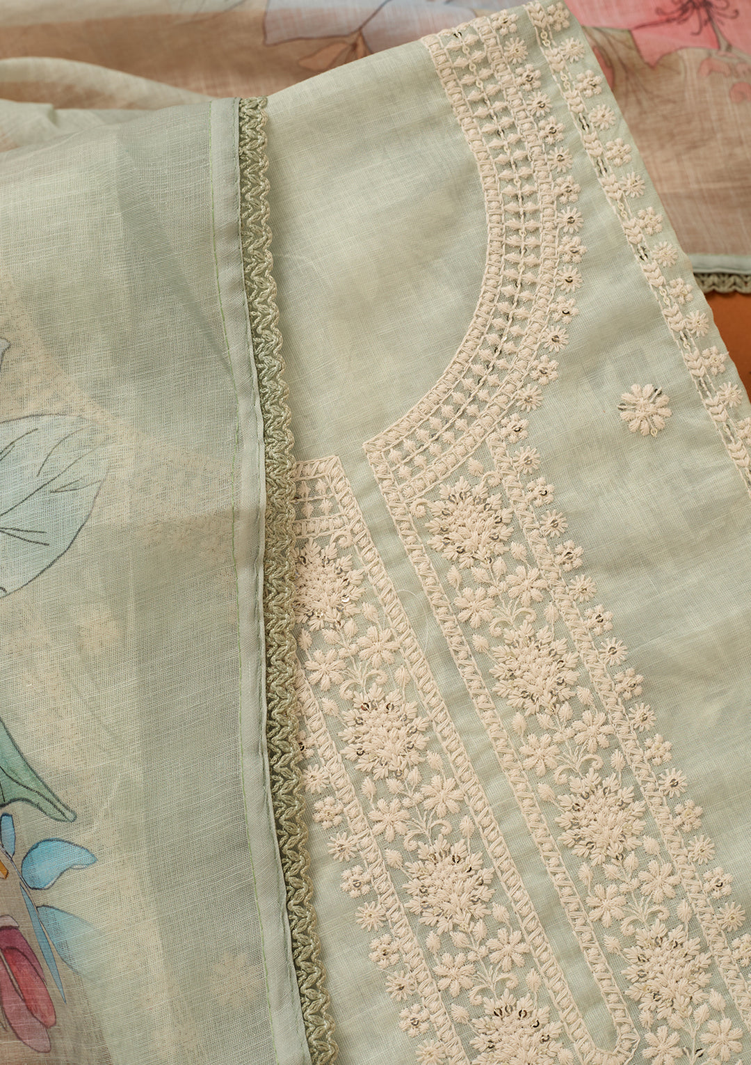 Sea Green Threadwork Cotton Unstitched Salwar Suit