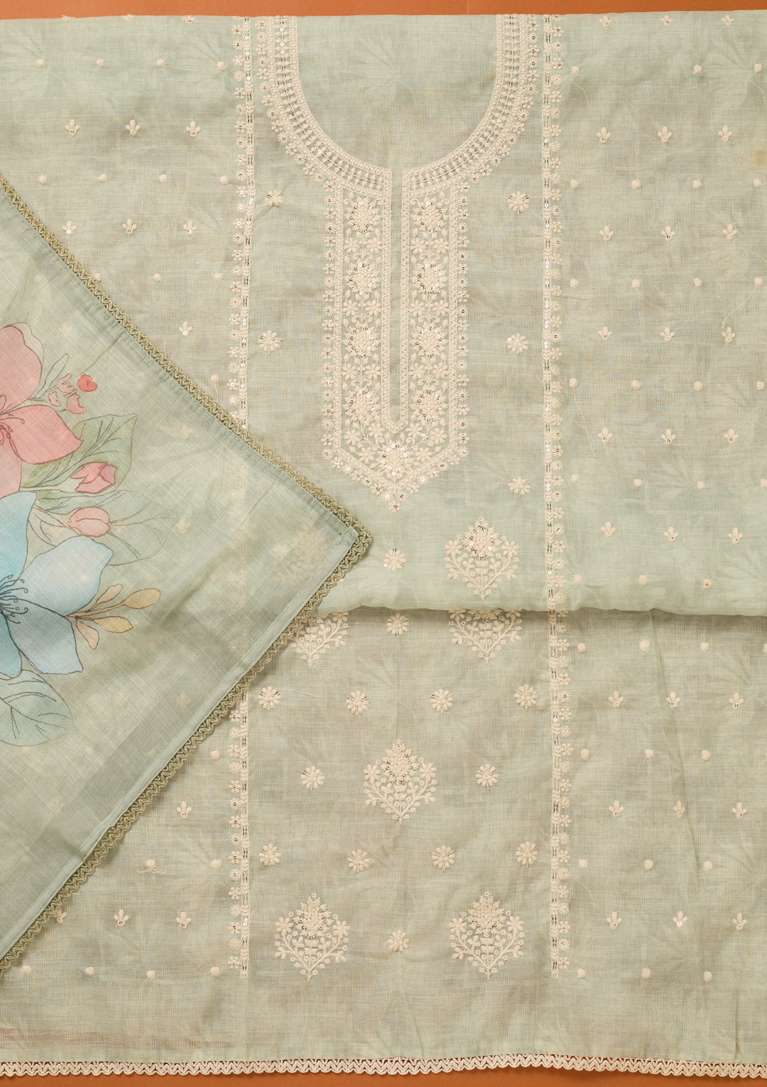 Sea Green Threadwork Cotton Unstitched Salwar Suit