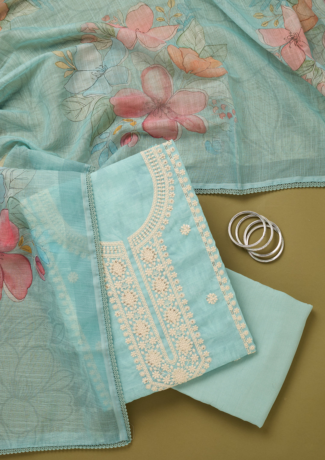 Sky Blue Threadwork Cotton Unstitched Salwar Suit