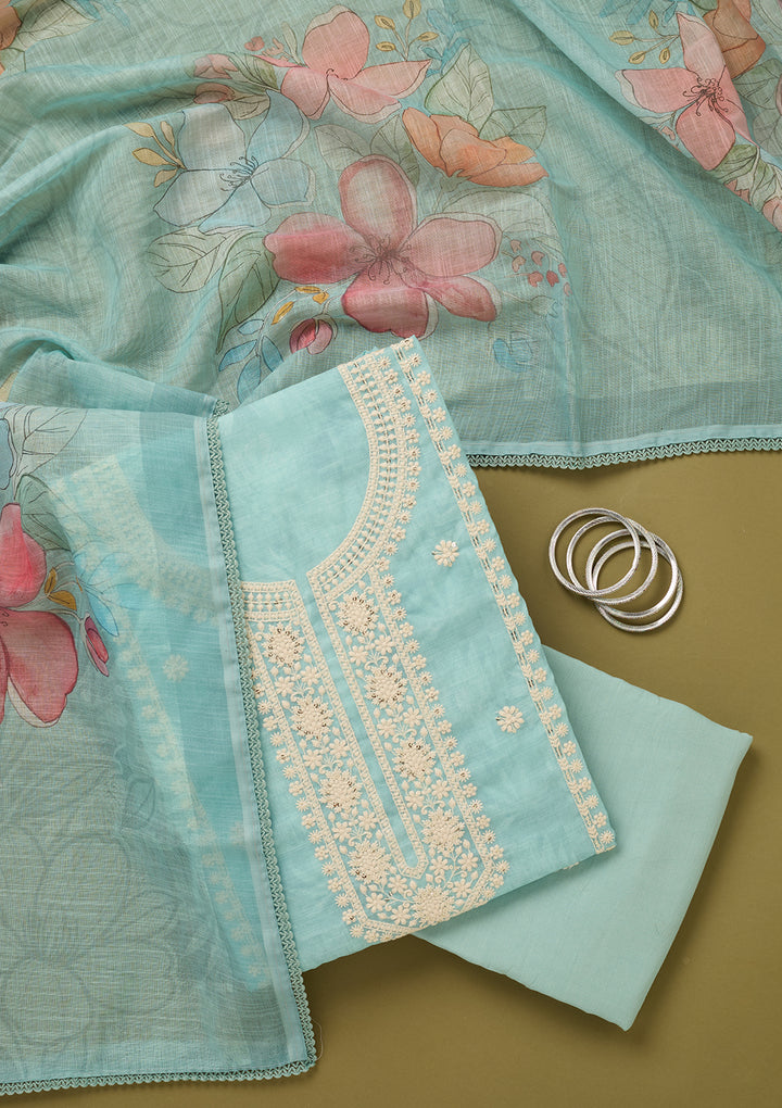 Sky Blue Threadwork Cotton Unstitched Salwar Suit