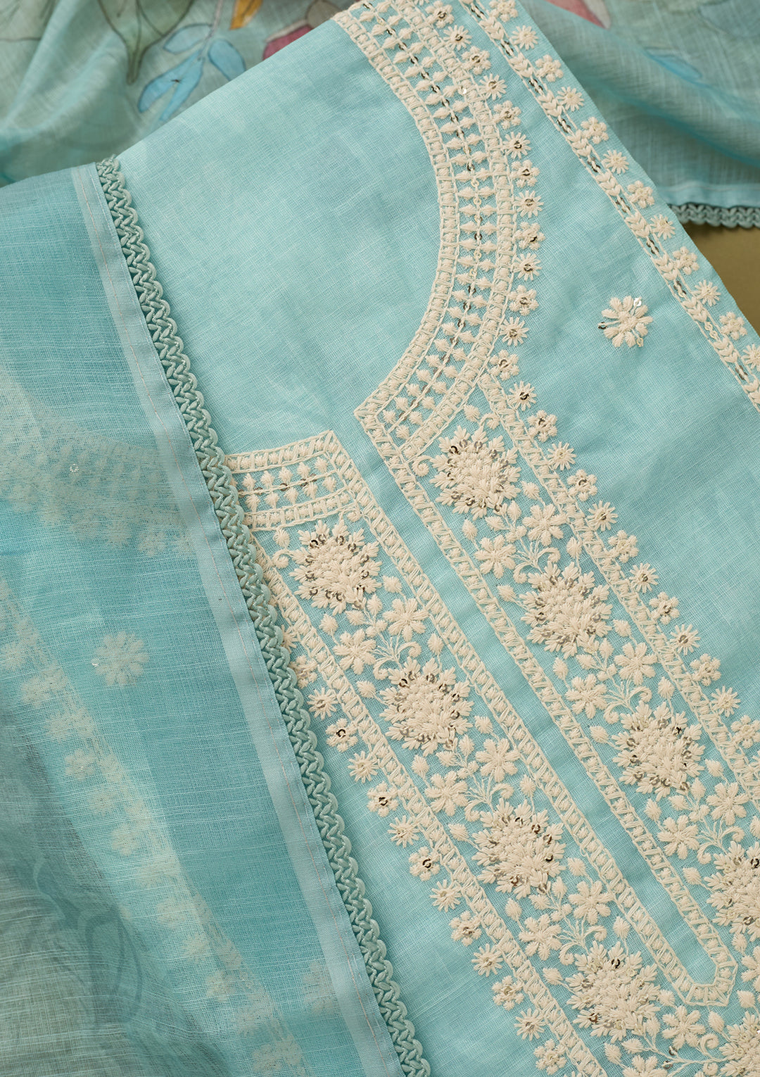 Sky Blue Threadwork Cotton Unstitched Salwar Suit