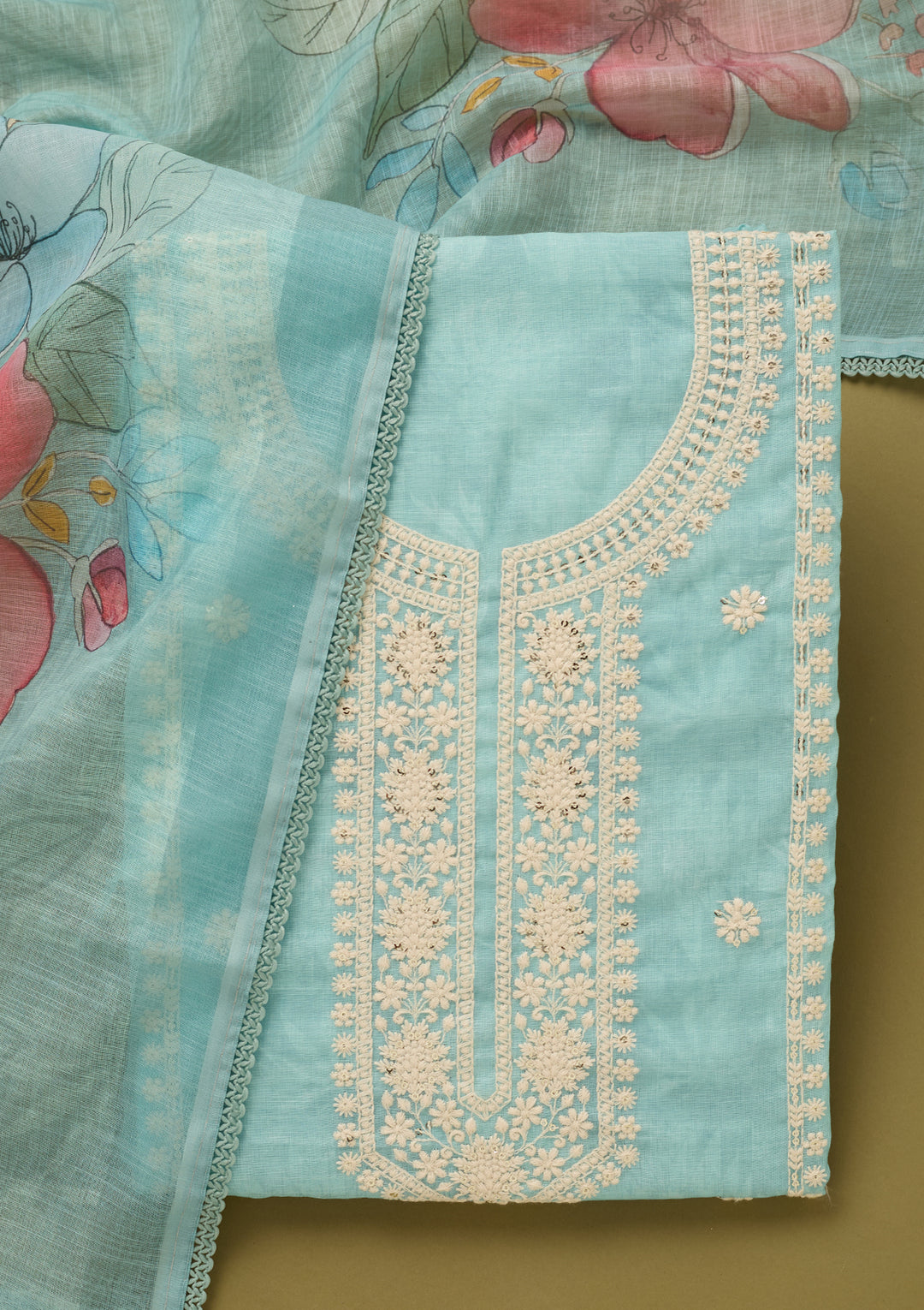 Sky Blue Threadwork Cotton Unstitched Salwar Suit