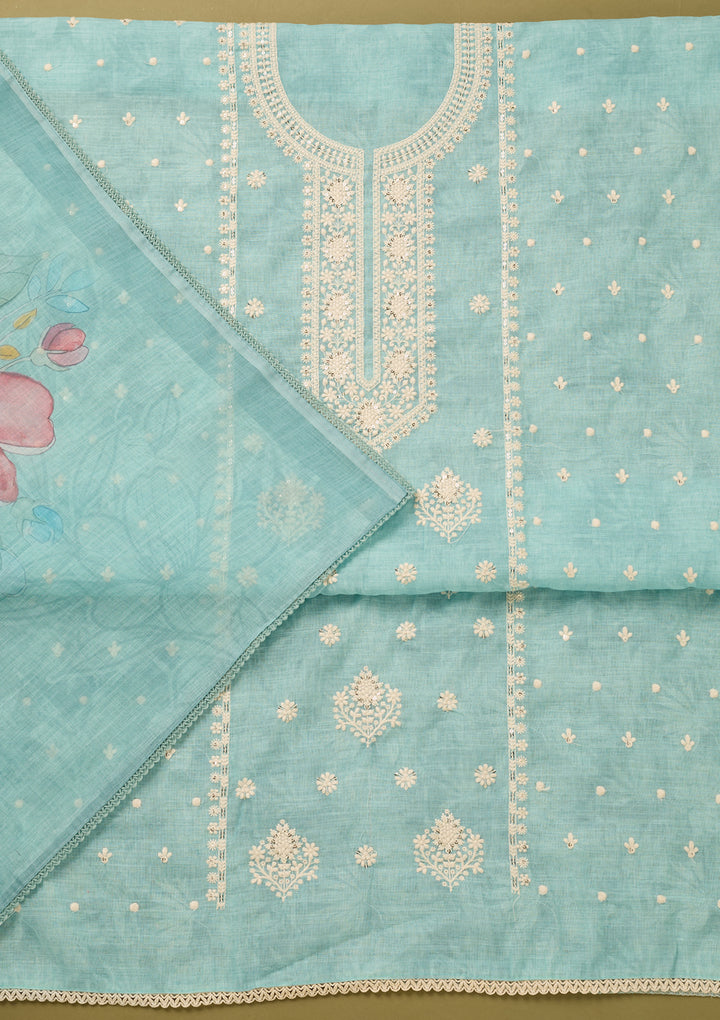 Sky Blue Threadwork Cotton Unstitched Salwar Suit