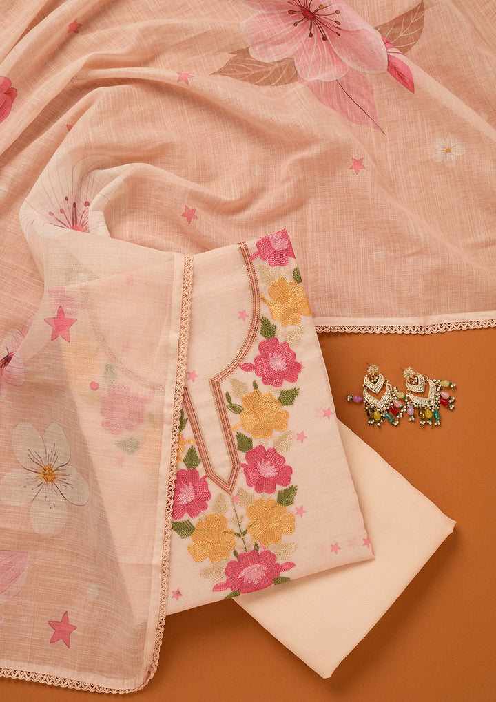 Light Peach Threadwork Linen Unstitched Salwar Suit