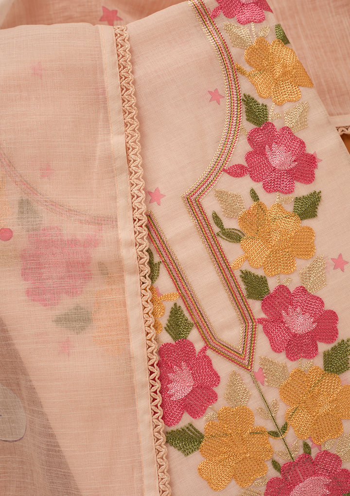 Light Peach Threadwork Linen Unstitched Salwar Suit