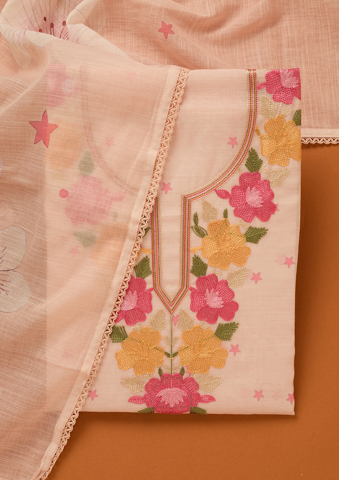 Light Peach Threadwork Linen Unstitched Salwar Suit