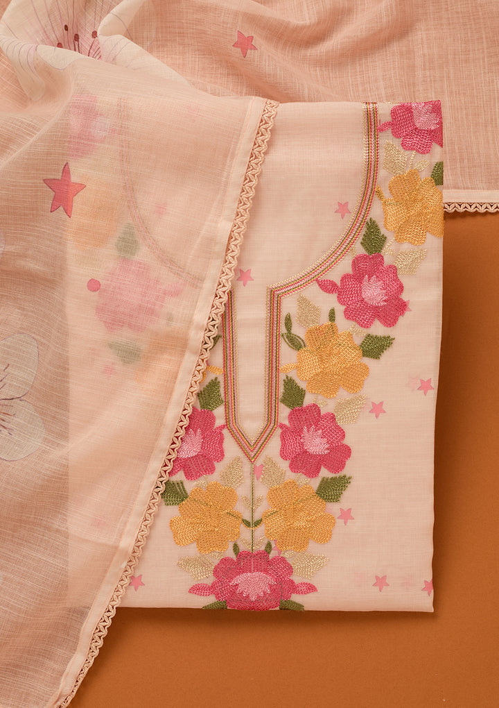 Light Peach Threadwork Linen Unstitched Salwar Suit