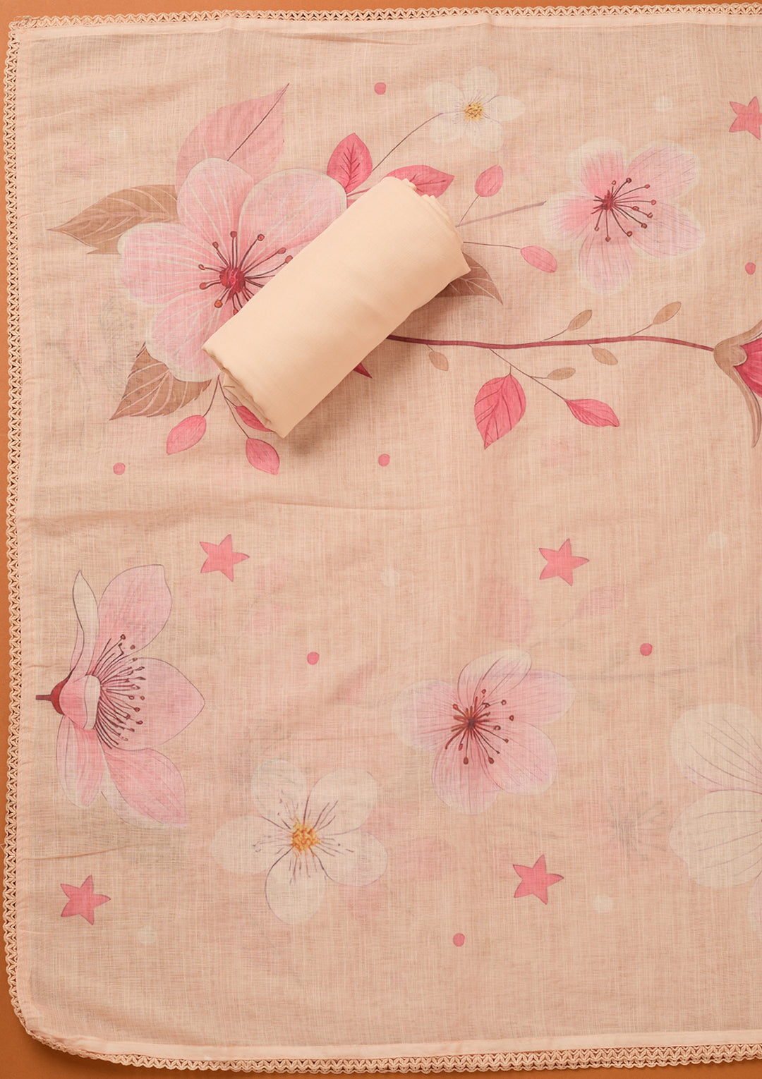 Light Peach Threadwork Linen Unstitched Salwar Suit