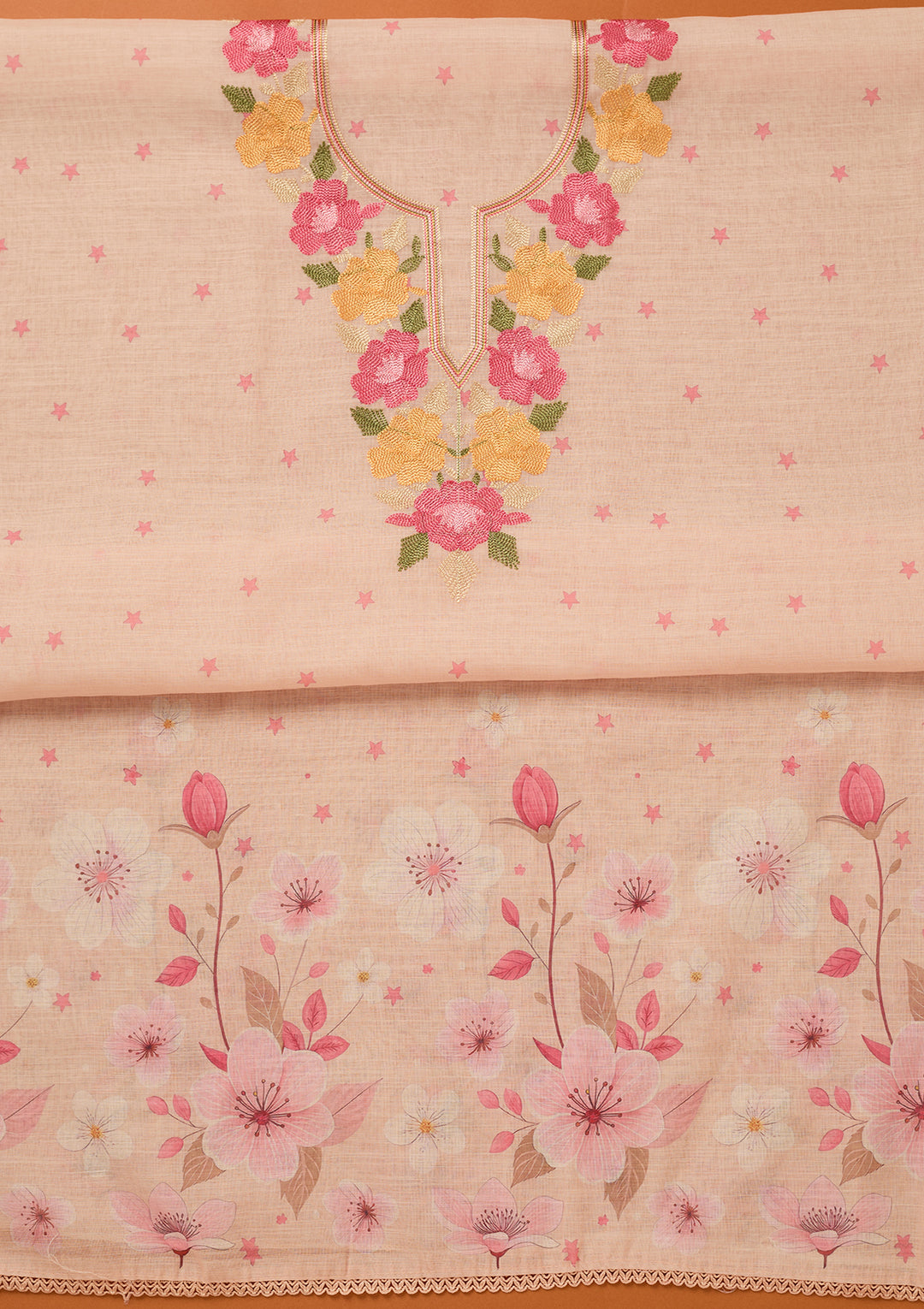 Light Peach Threadwork Linen Unstitched Salwar Suit